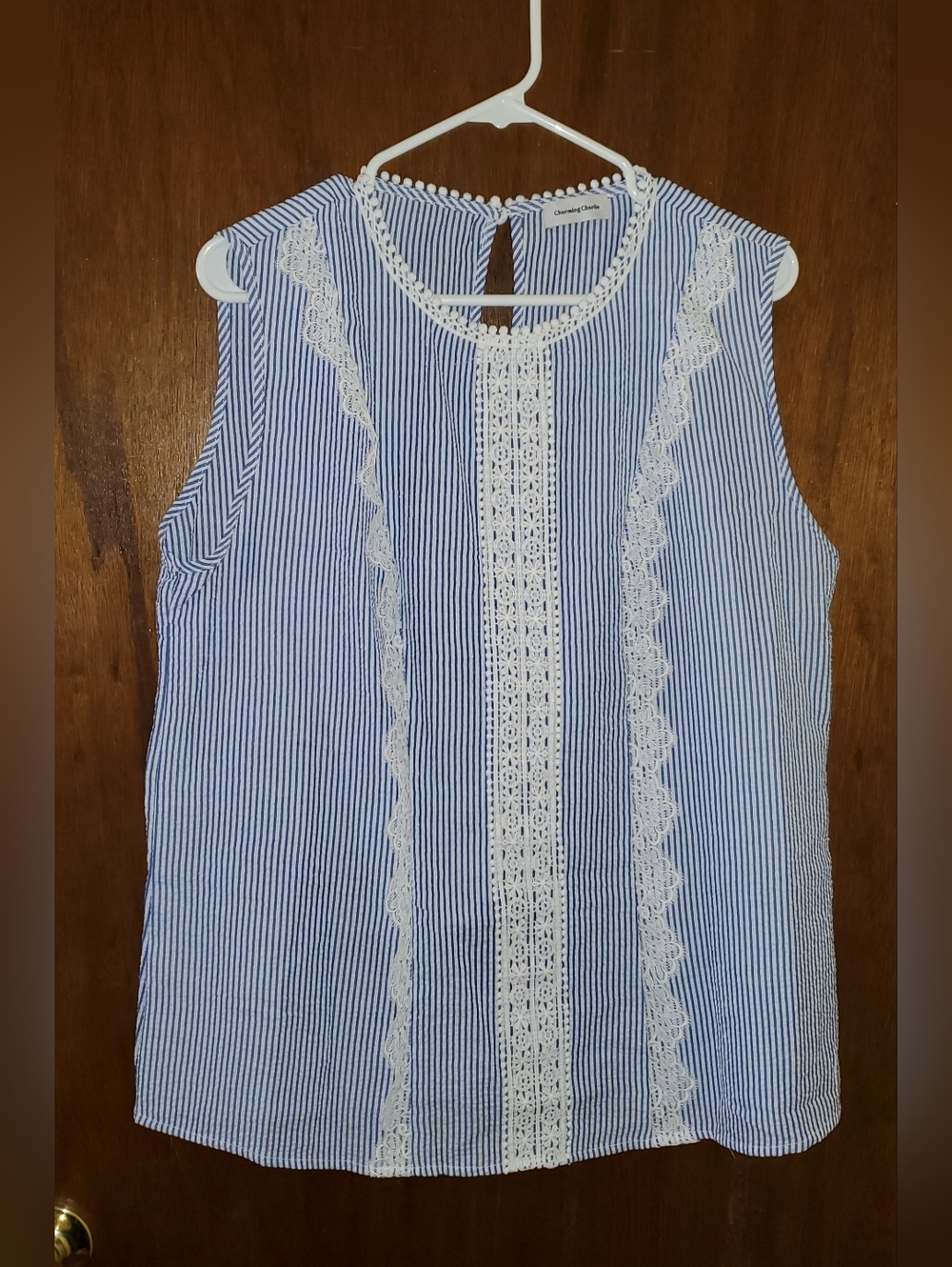 Charming Charlie Blue White Striped Lace-Trim Tank Top Sz Xl